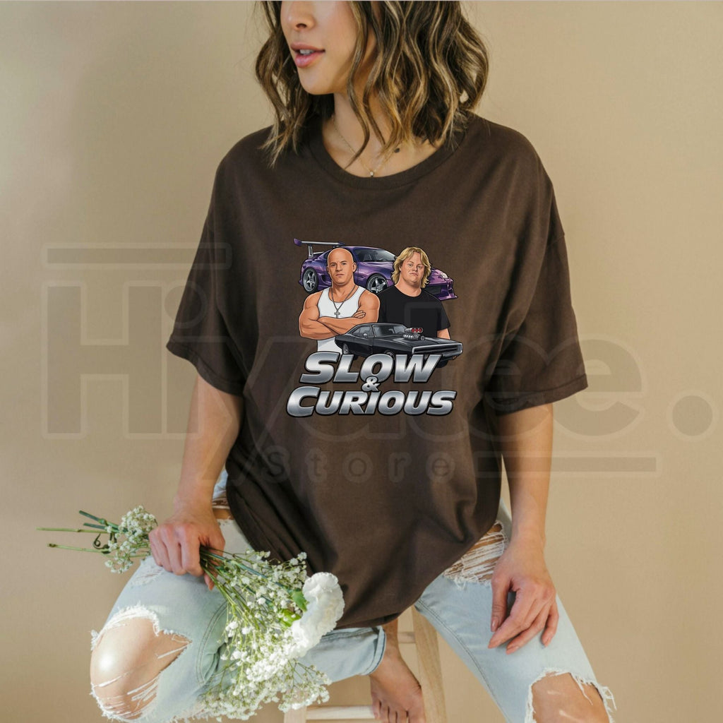 Slow & Curious Funny Parody T-Shirt – Vintage Car Enthusiast Graphic Tee