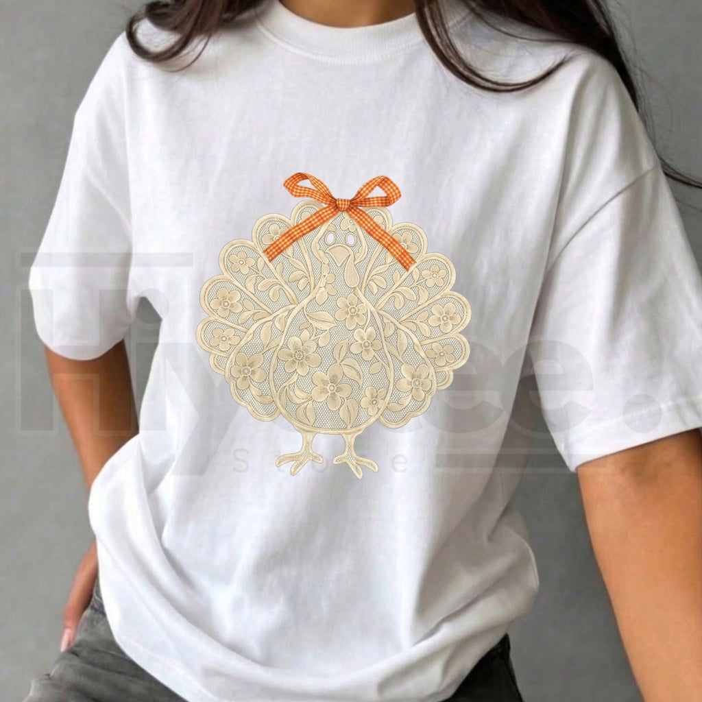 Shelbe's Espresso Lace Turkey Long Sleeve T-Shirt – Elegant Thanksgiving Holiday Graphic Top