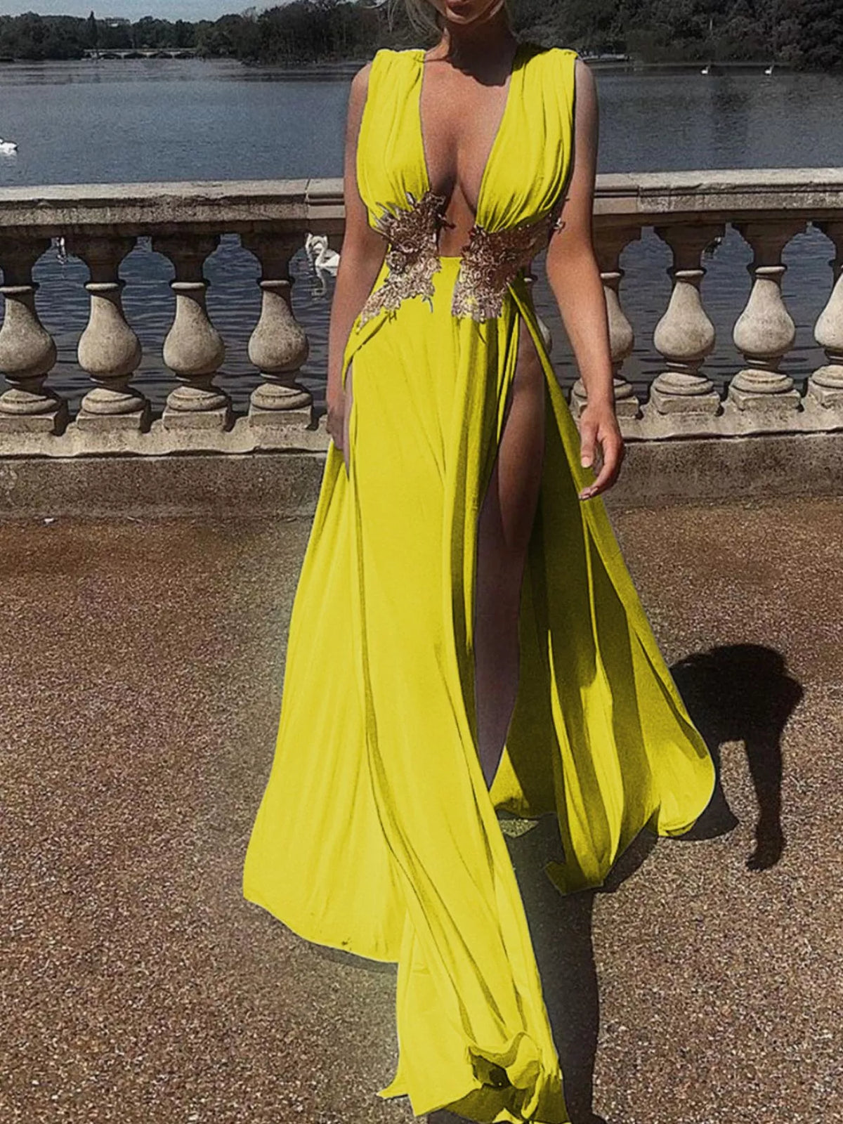 Deep V-Neck High Slit Maxi Dress