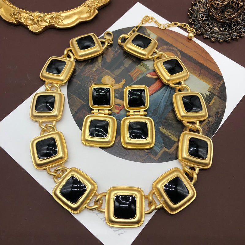 Antique Necklace Earrings Classic Black Enamel Necklace Suit