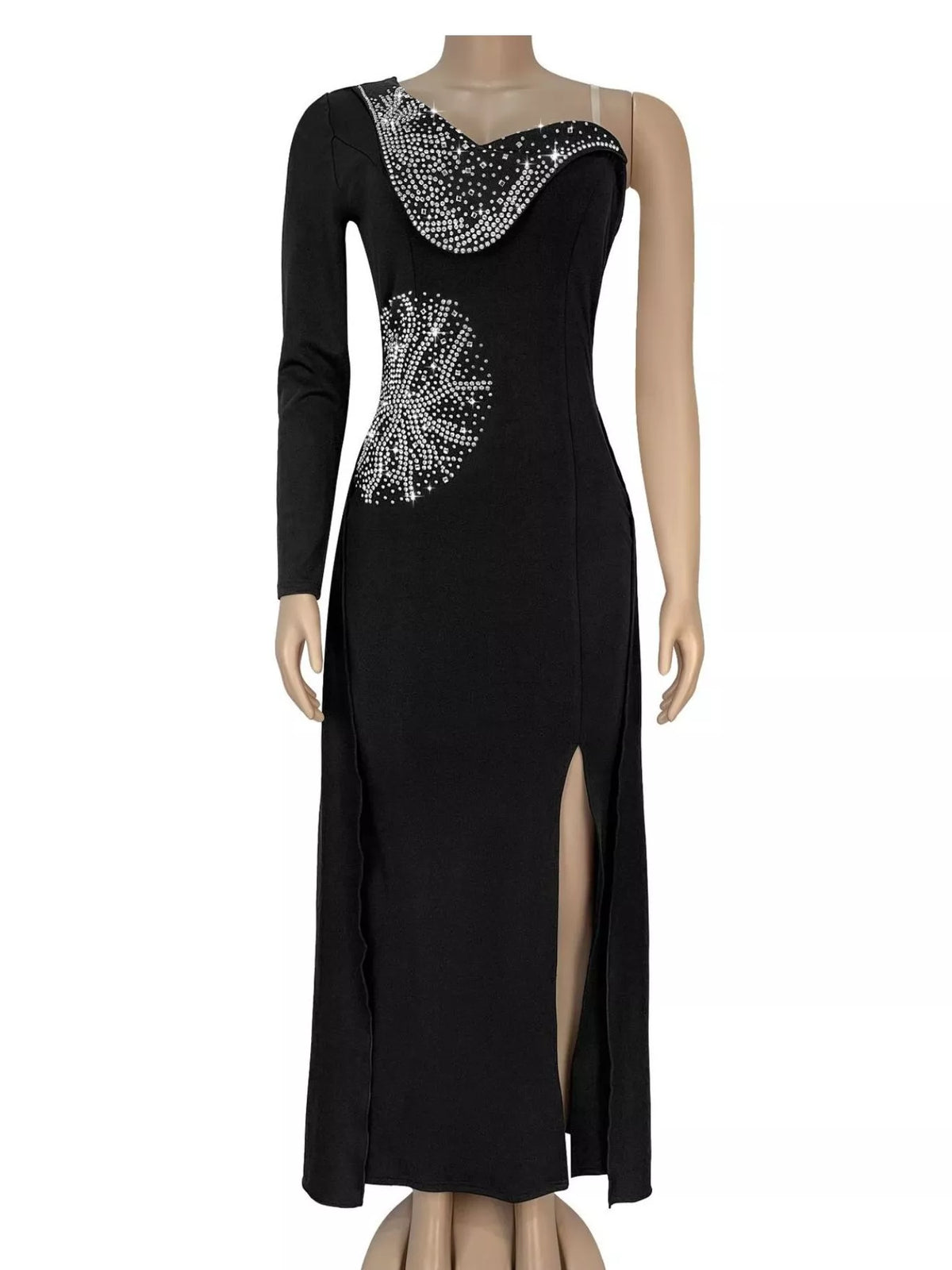 Slit Rhinestone One Shoulder Maxi Dress