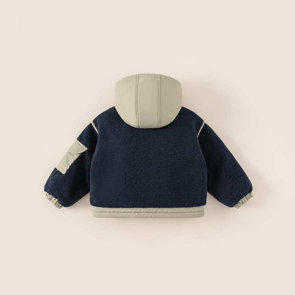 Boys Cotton-padded Coat With Color-block Design And A Plush Hood