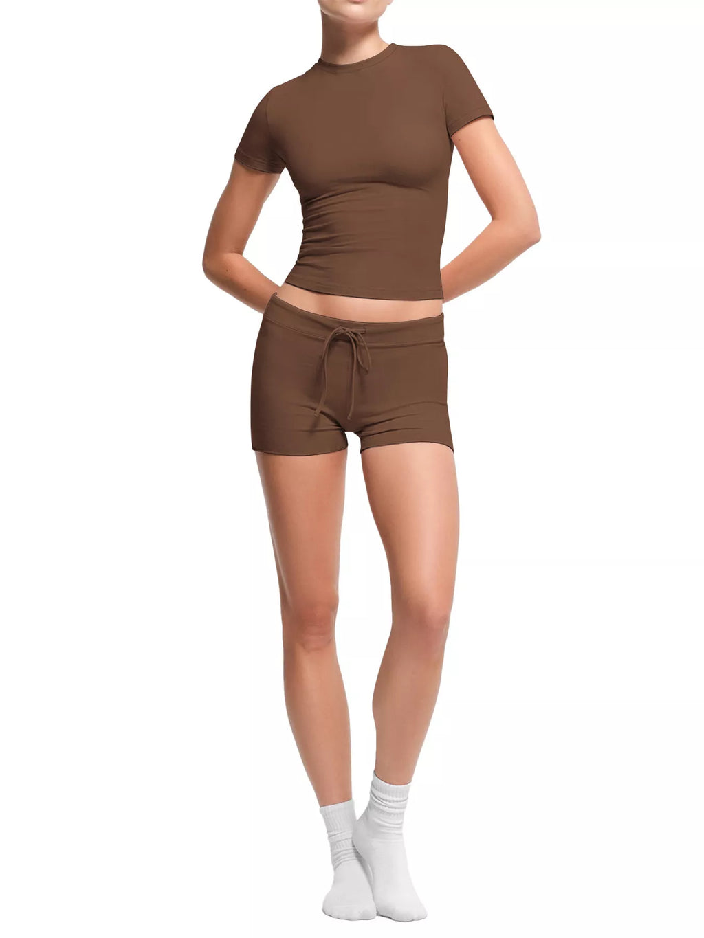 Mock Neck Crop Top and Drawstring Shorts Set