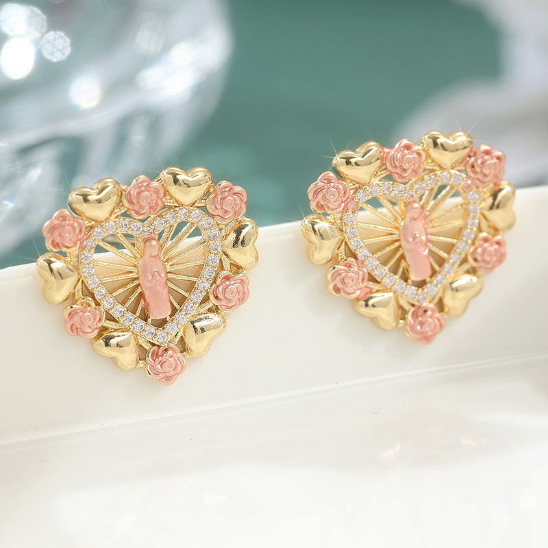 Vintage Floral Heart Cameo Hoop Earrings Gold Tone Brass Women Romantic Party Fashion Jewelry Elegant