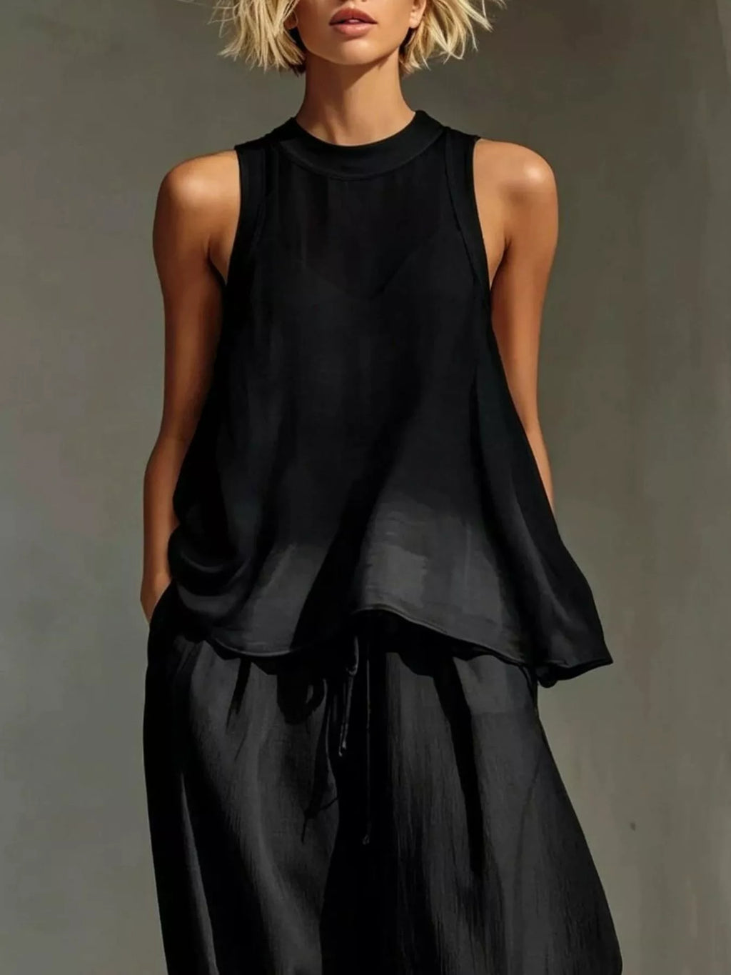 Full Size Sheer Sleeveless Top and Wide-Leg Pants Set Plus Size