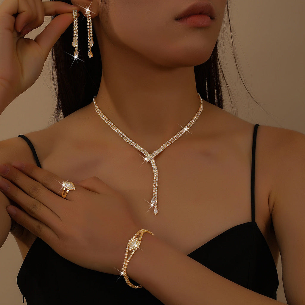 Wedding Ring Bracelet Necklace Earrings 4Pcs Set Bridal Women Jewelry Set For Wedding Banquet Evening Occasions