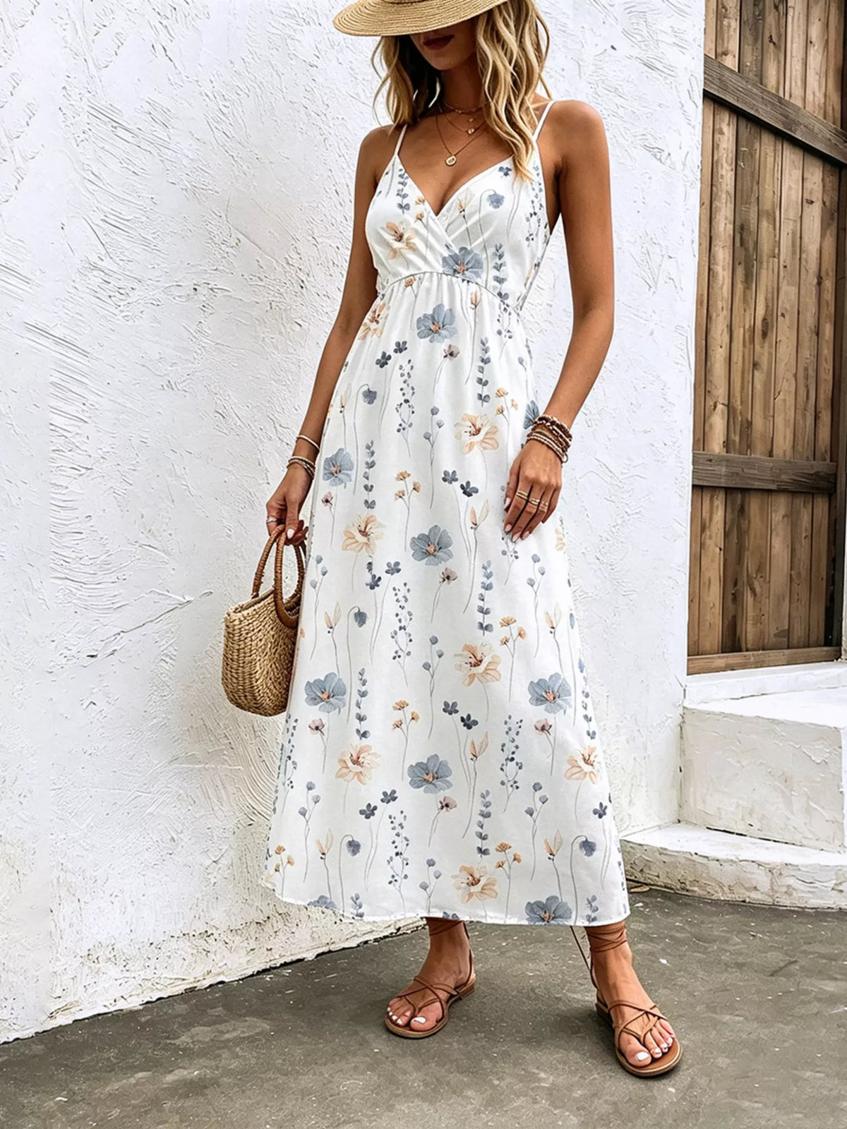 Floral Print Spaghetti Strap Midi Dress – White / Taupe