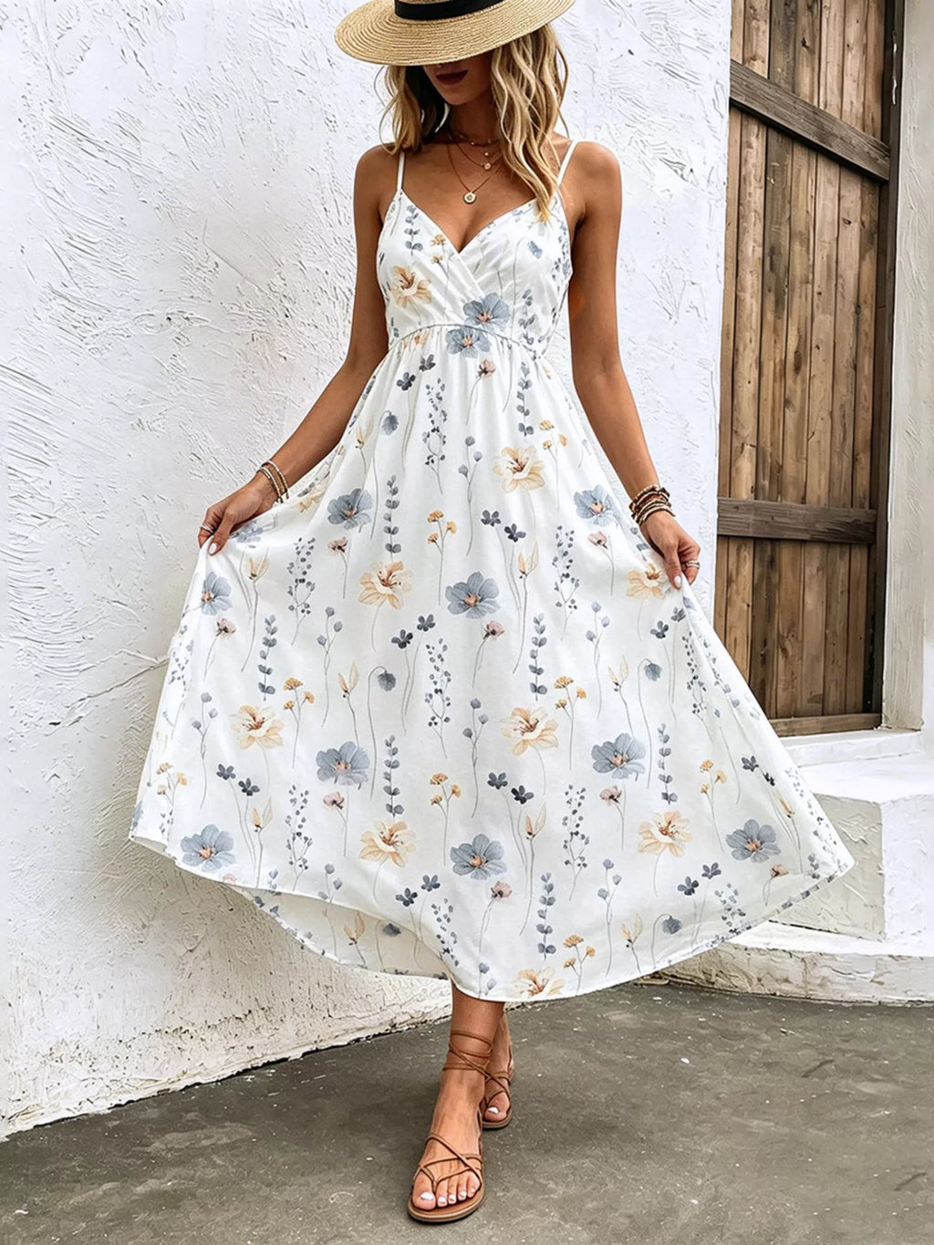 Floral Print Spaghetti Strap Midi Dress – White / Taupe