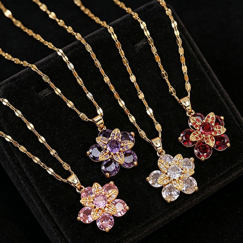 Women Rotatable Flower Titanium Steel Clavicle Necklace, Minimalist Micro Paved  Multicolor Zircon Fashion Trendy Cross Border Pendant Chain