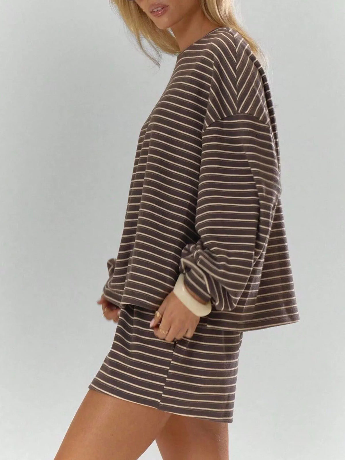 Casual Striped Long-Sleeve Top and Shorts Set