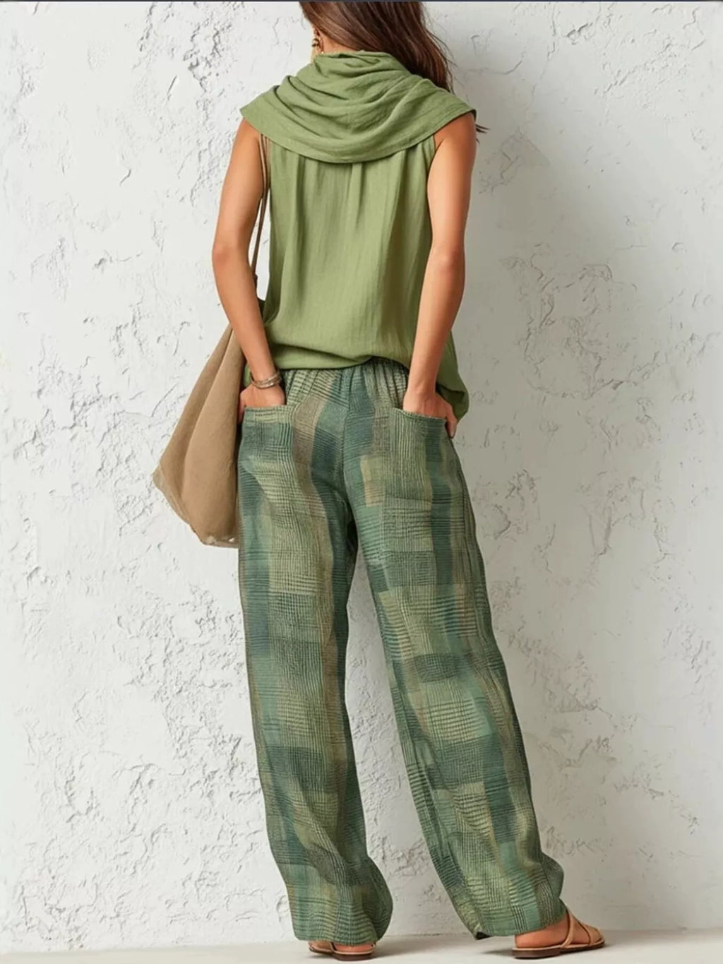 Full Size Sleeveless Cowl Neck Top and Plaid Wide-Leg Pant Two-Piece Set Plus Size