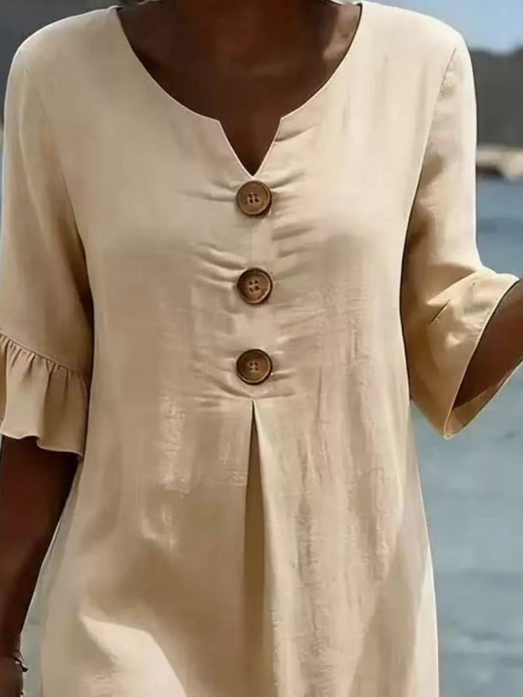 Full Size Decorative Button Ruffle Half Sleeve Dress Plus Size
