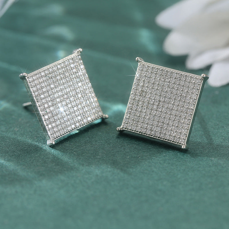 Sparkling Square Crystal Stud Earrings Silver Tone Brass Women Elegant Party Wedding Fashion Jewelry Versatile