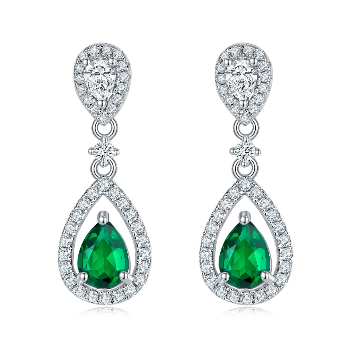 S925 Silver 3.5g Platinum Plated 1.6ct Lab-Created Emerald Drop Earrings, 7x5mm Pear Cut, Pair
