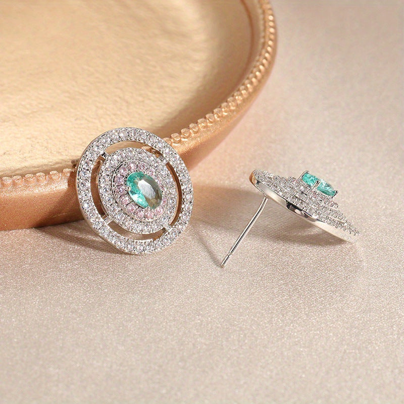 Green Oval Crystal Stud Earrings Brass Women Elegant Party Wedding Halo Geometric Sparkling Fashion Jewelry