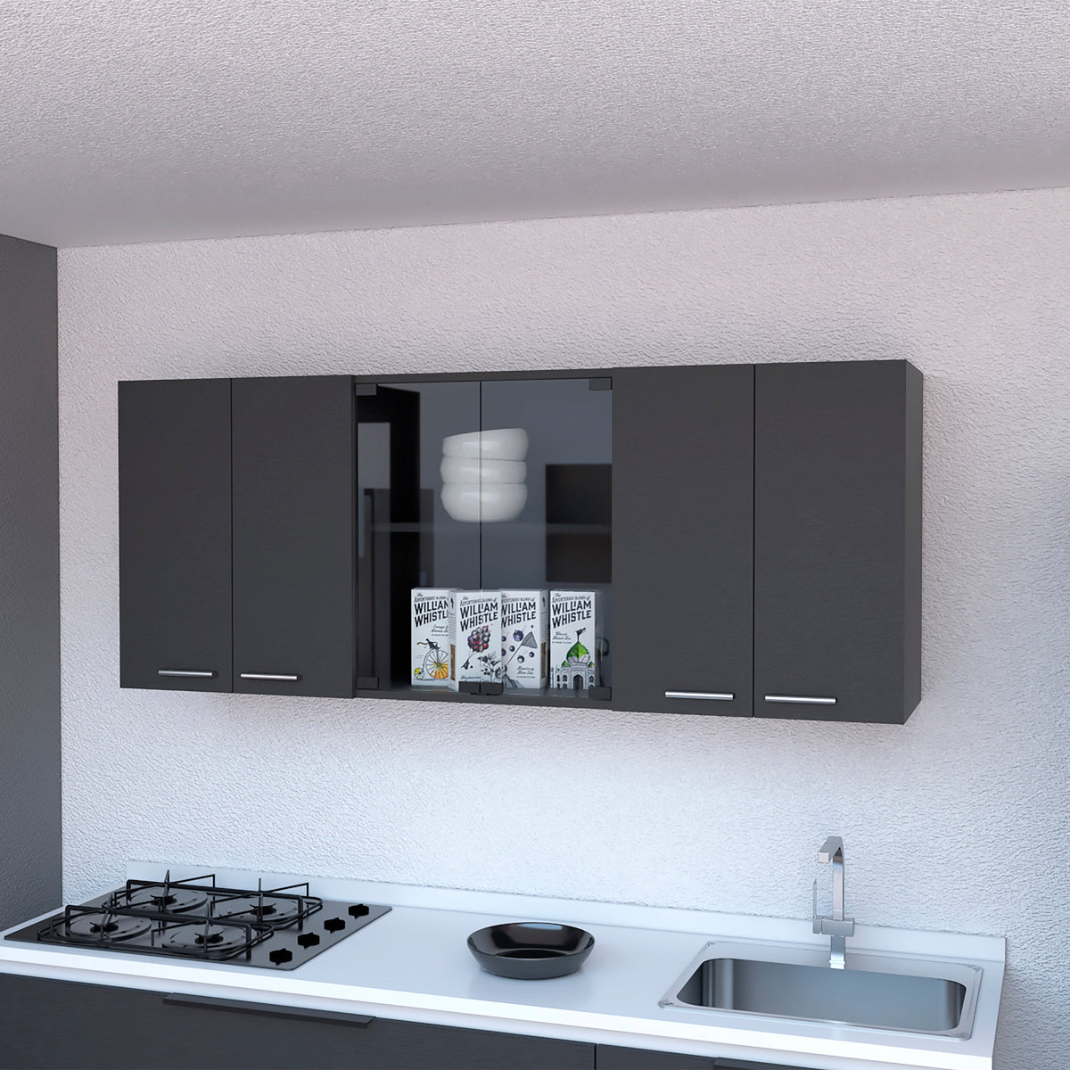 59-Inch Two Center Glass Doors Wall Cabinet Wenge