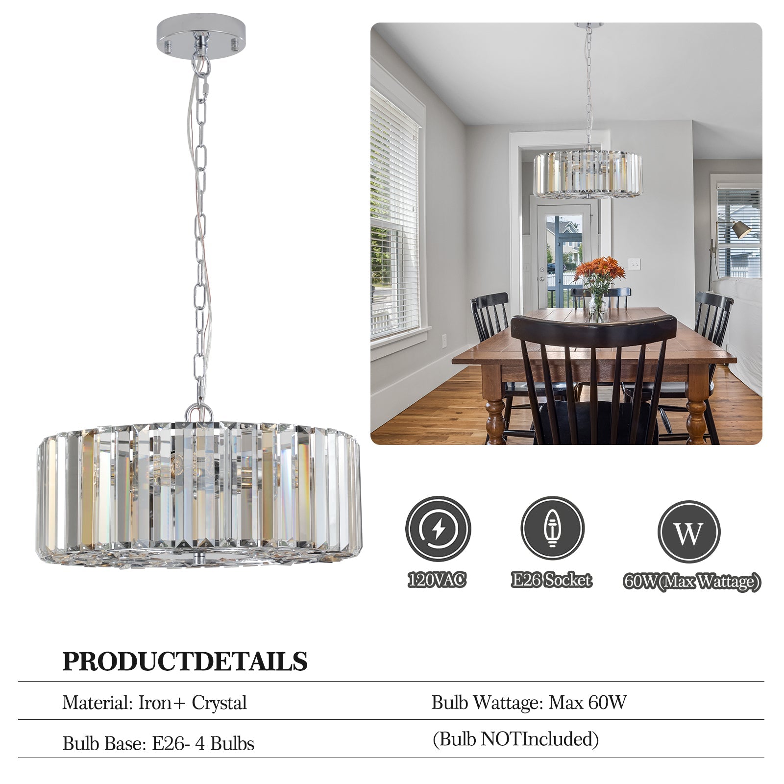 17" Chrome Crystal Pendant Chandelier