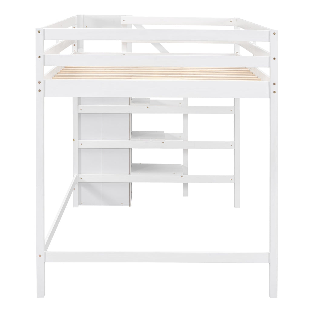 Full Size Loft Bed with Built-in Storage Wardrobe and Staircase