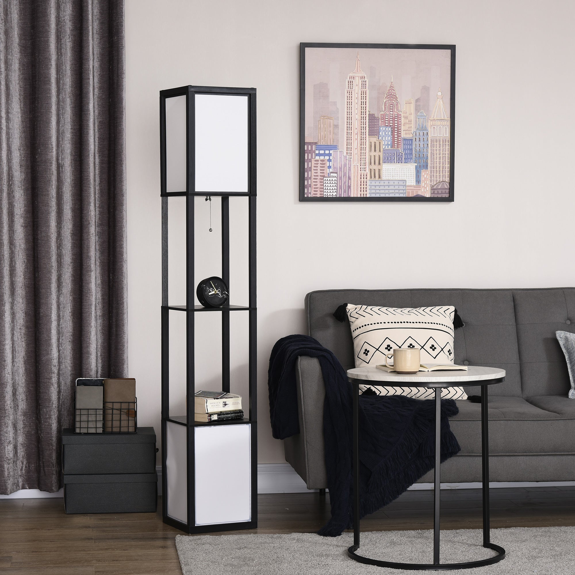 Boho Shelf Floor Lamp with Dual Fabric Shades & Built-In Storage Shelves