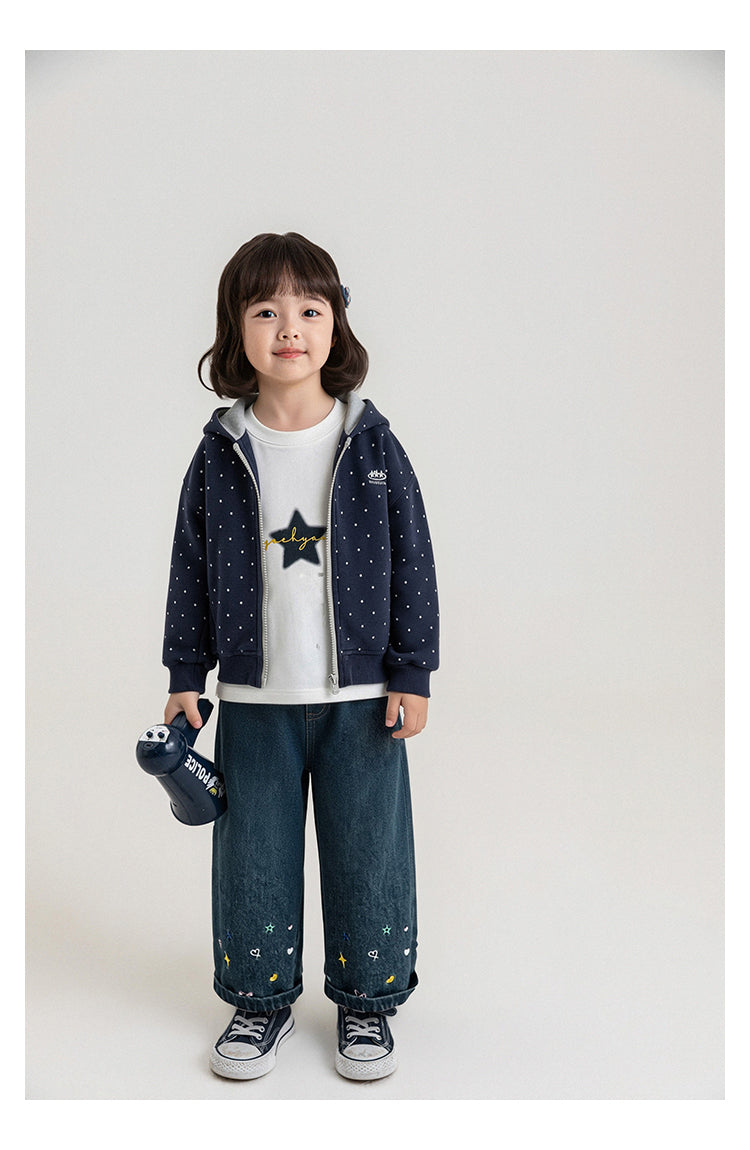 Embroidered Elastic-Waist Kids Wide-Leg Denim Trousers