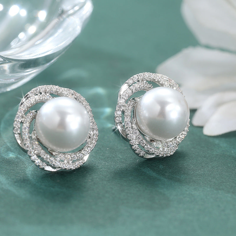 Elegant Pearl Crystal Stud Earrings Silver Tone Brass Women Wedding Party Fashion Jewelry Sparkling Statement