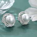 Elegant Pearl Crystal Stud Earrings Silver Tone Brass Women Wedding Party Fashion Jewelry Sparkling Statement