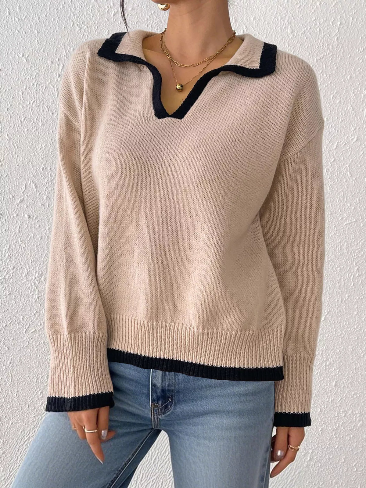 Contrast Trim Polo Collar Sweater