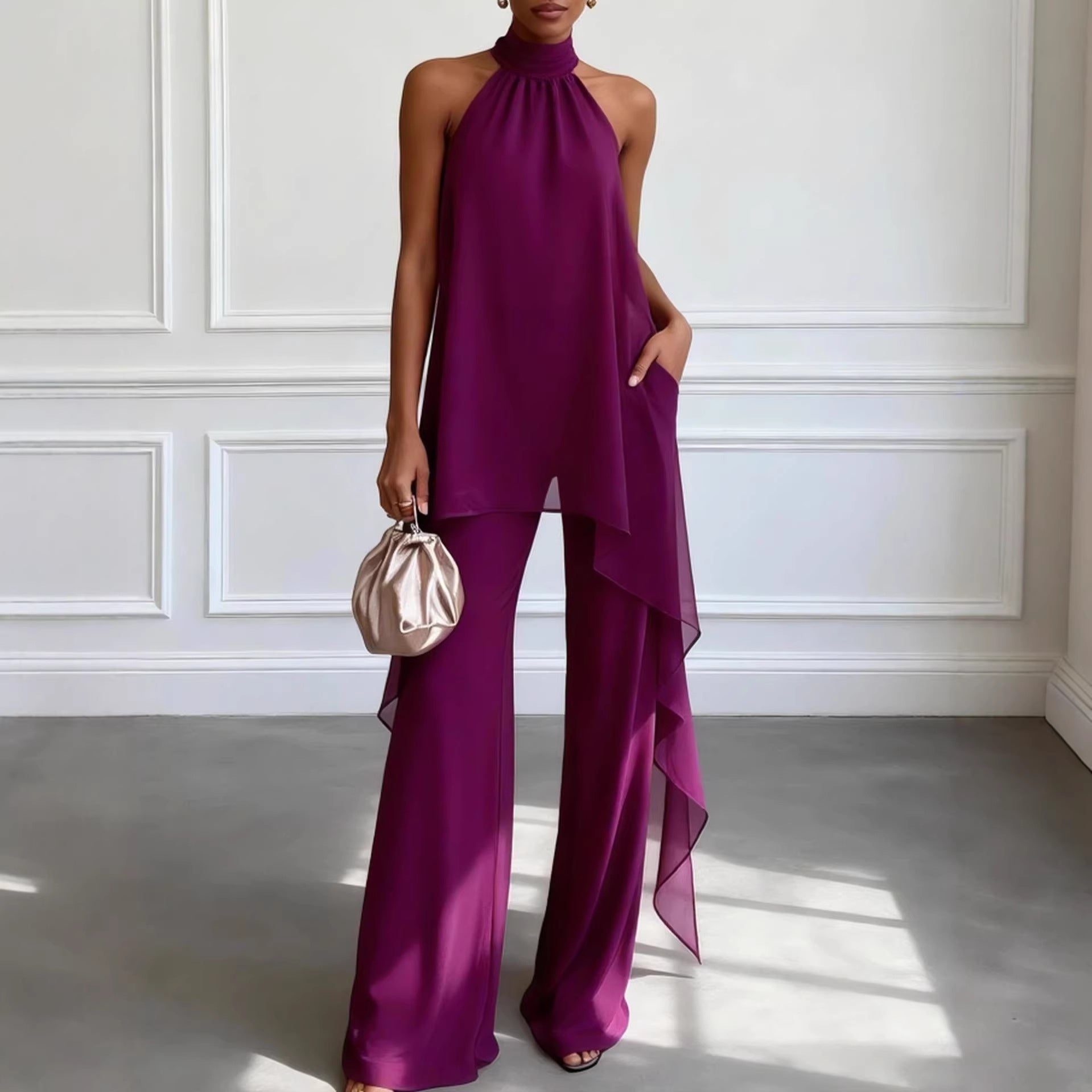 Womens Backless Sleeveless Irregular Top And Pants Two-Piece Set