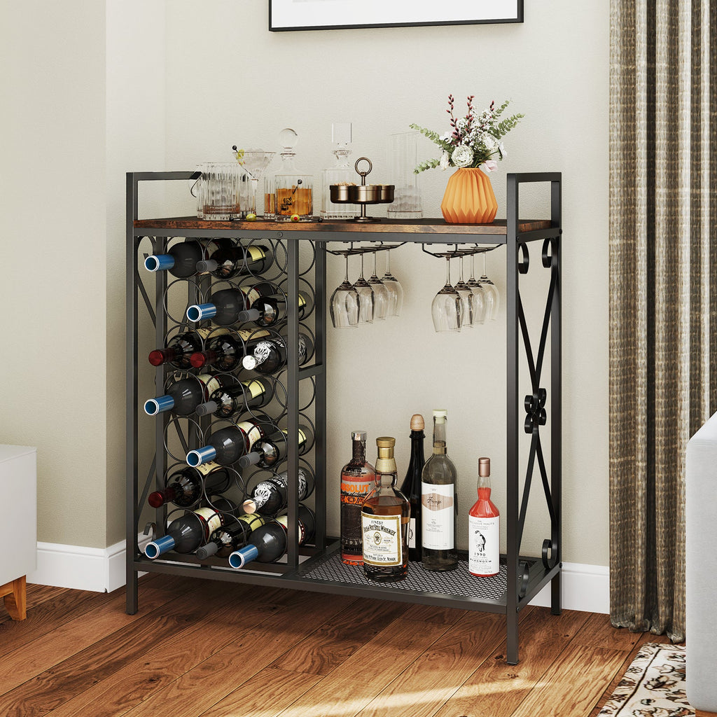 21 Bottle Wine Rack Freestanding Floor Wine Bottle Organizer with Glass Holder