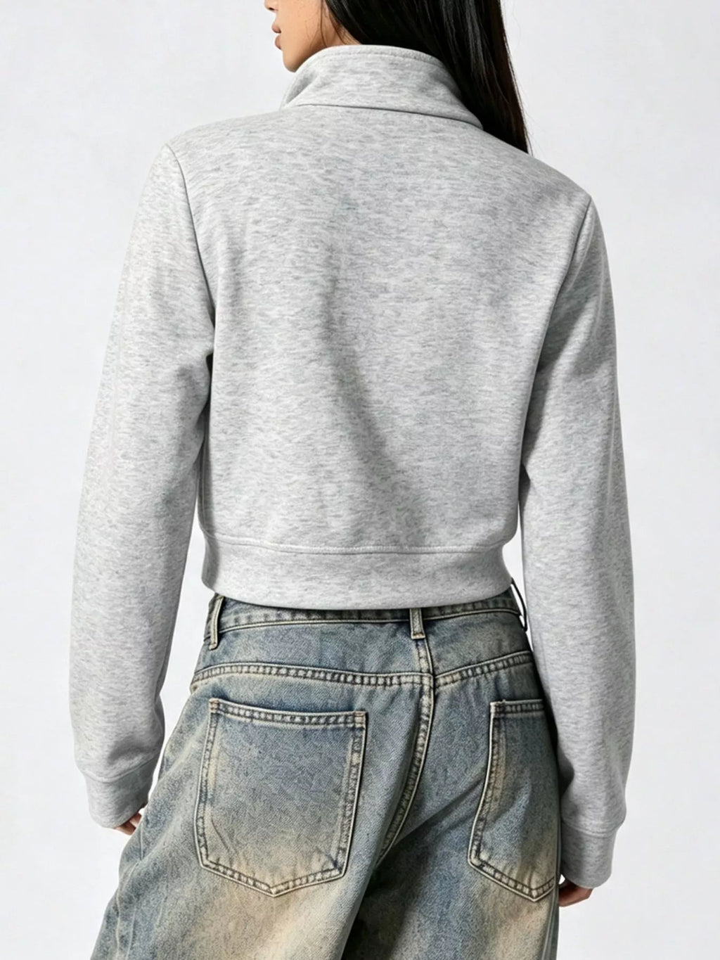 Cropped Zip-Up Outerwear with Decorative Buttons