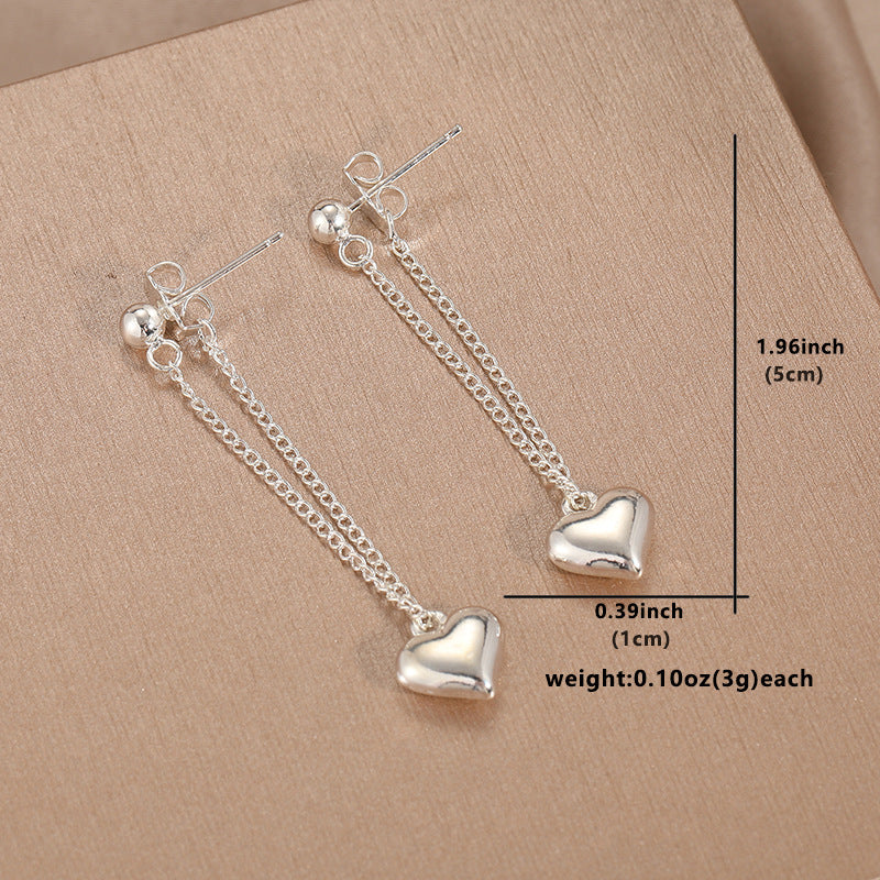 Minimalist Heart Chain Drop Earrings Silver Tone Brass Women Romantic Daily Party Fashion Jewelry Elegant