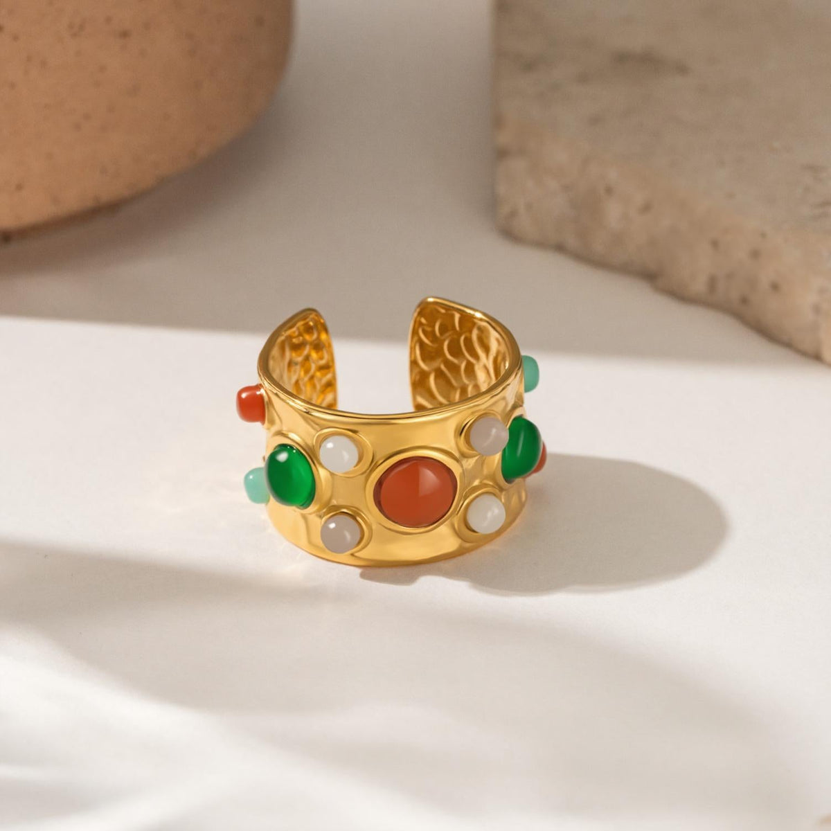Geometric Adjustable Ring Stainless Steel Multi Gemstone