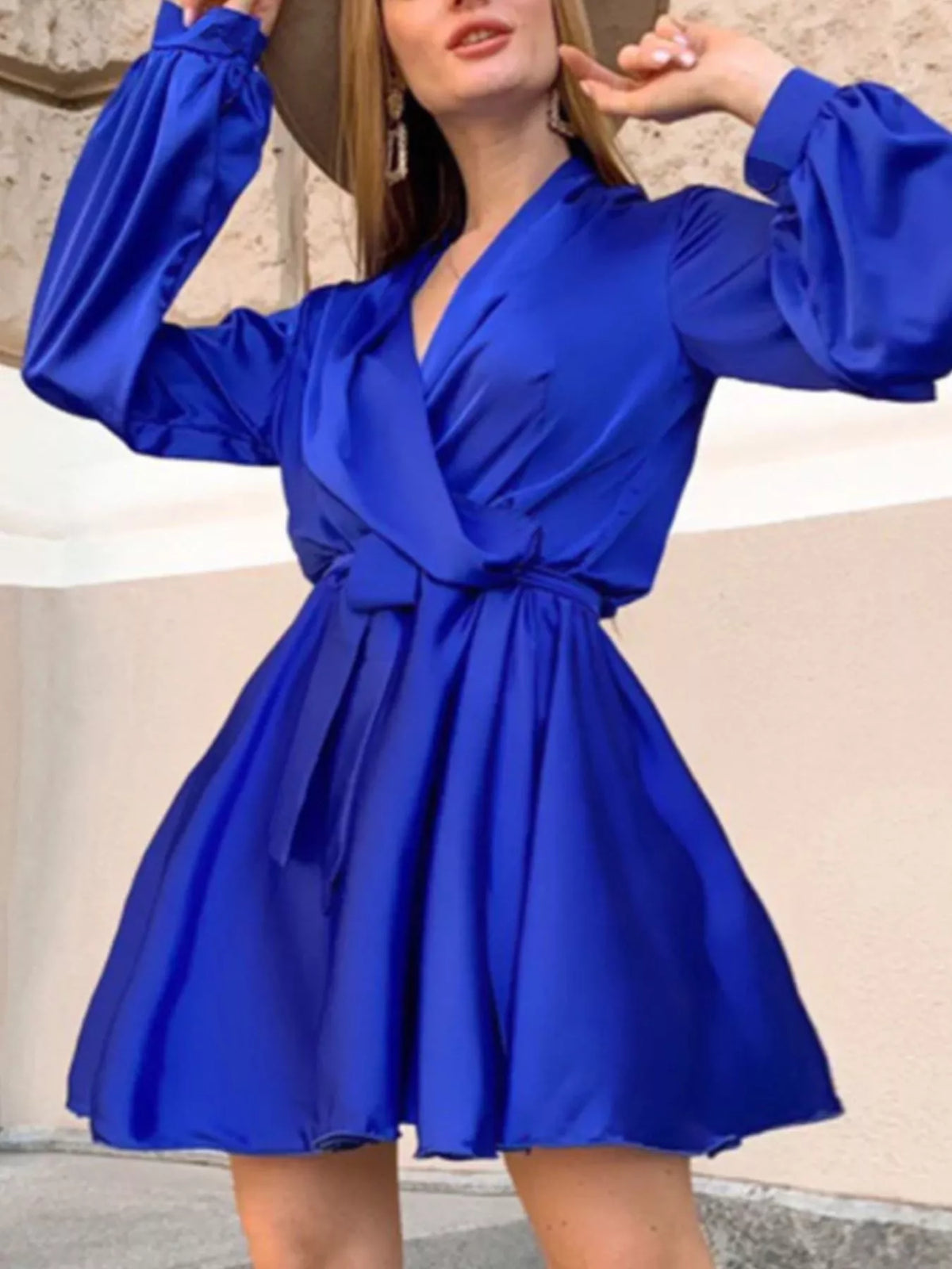 Satin Surplice Long Sleeve Mini Dress