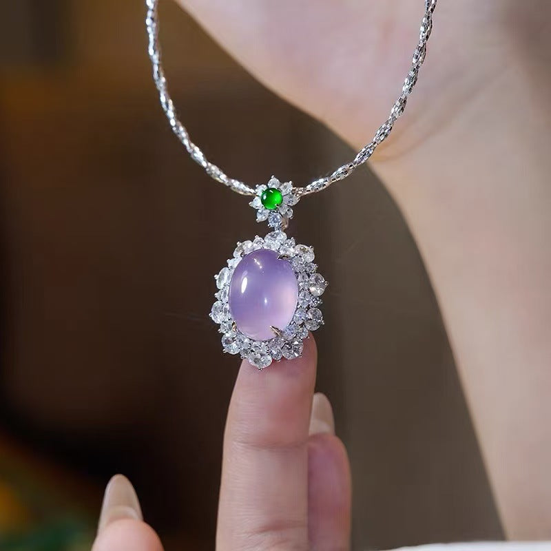Jewelry 925 Silver Plated Natural Purple Chalcedony Agate Necklace Comparable To Jade Violet Pendant White Gift Women