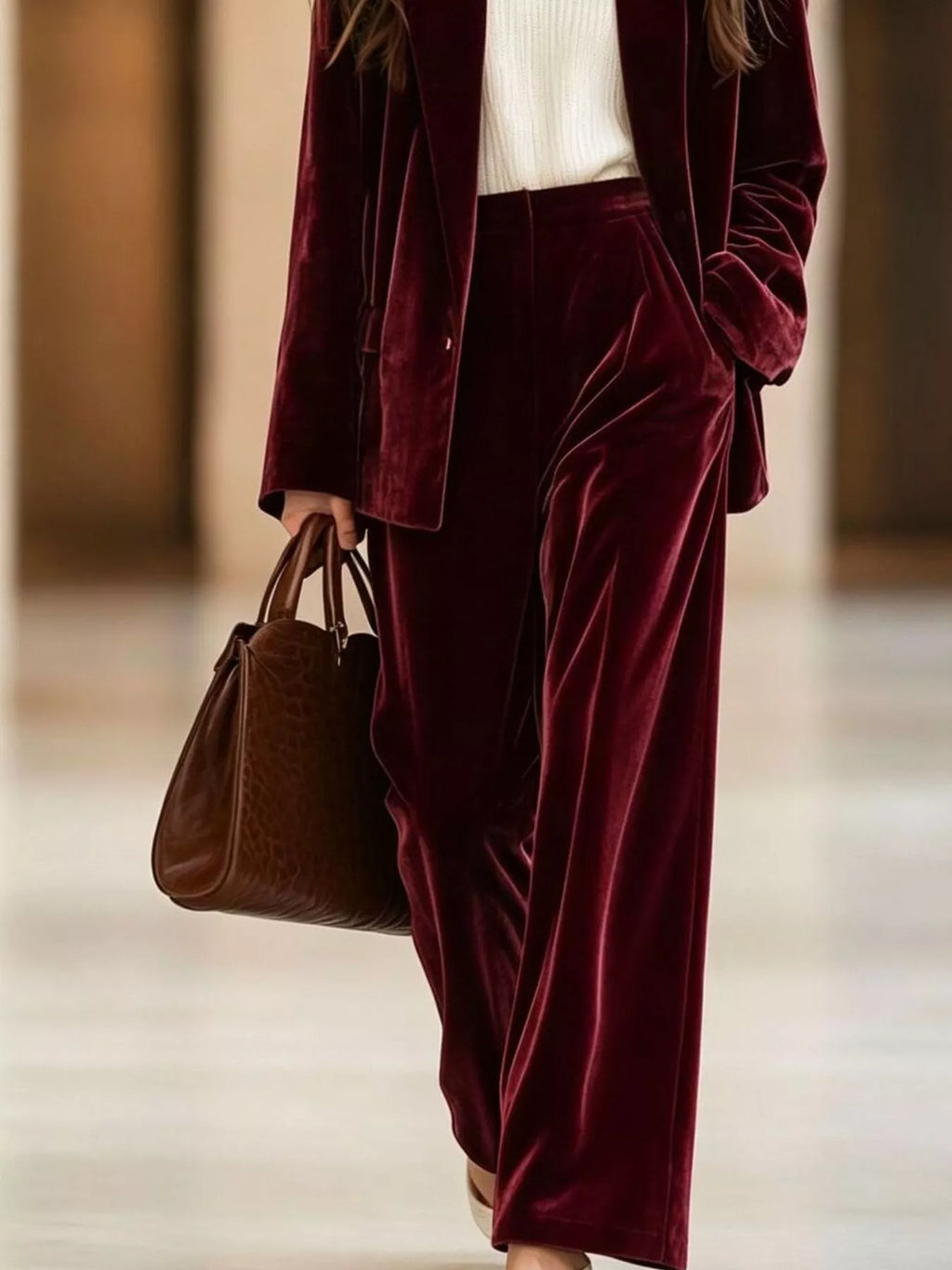 Velvet Blazer and Wide-Leg Pants Two-Piece Set