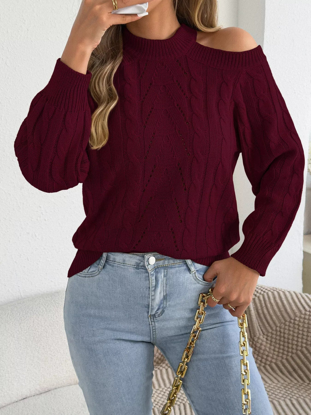 Cold Shoulder Cable Knit Sweater