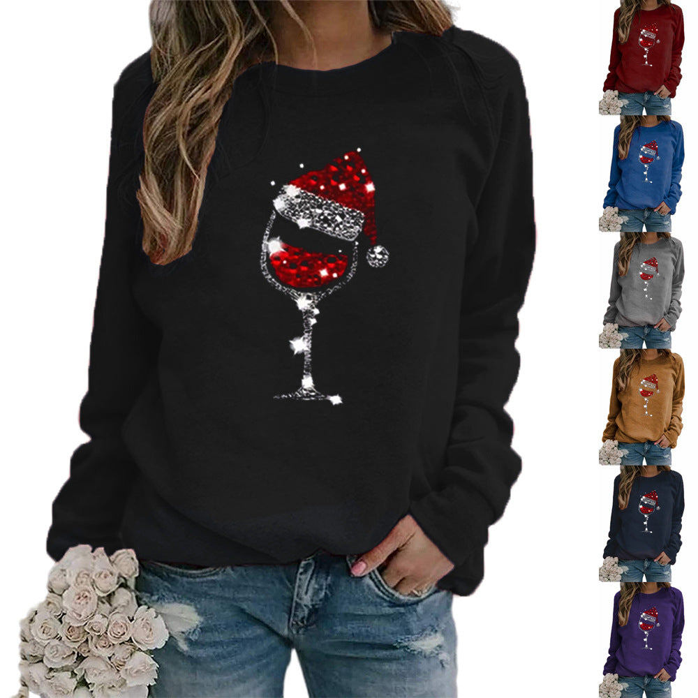 Clothing Christmas Women's Sweater Christmas Hat Red Wine Glass Graphic Print Crew Neck Long-sleeved Sweater
