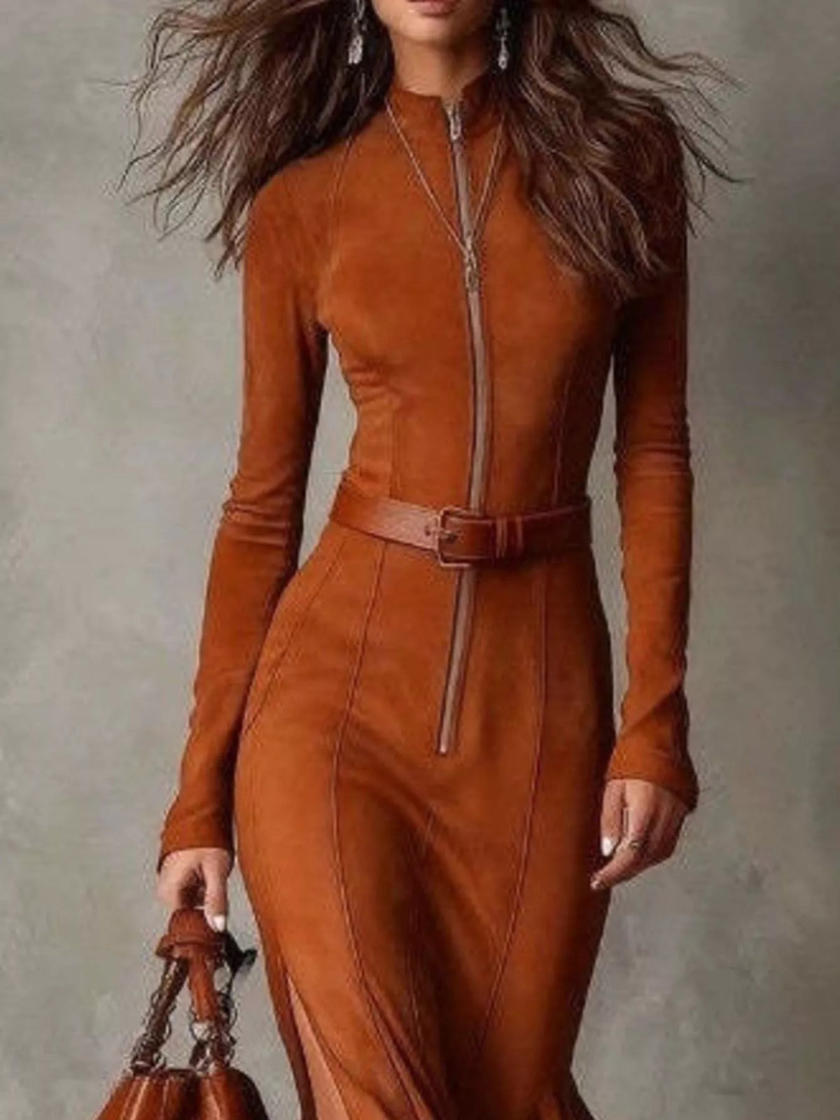 Full Size Slit Zip-Front Long Sleeve Maxi Dress with Belt Plus Size