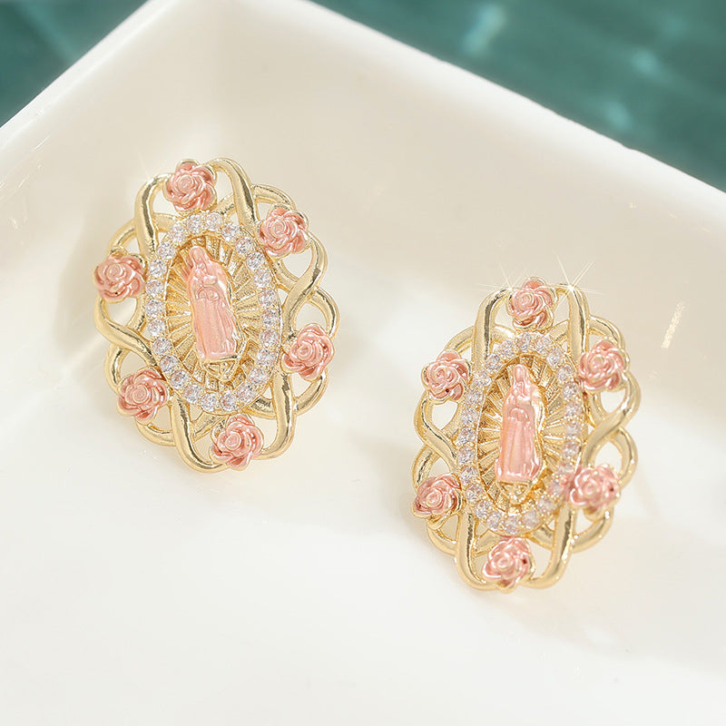 Vintage Floral Heart Cameo Hoop Earrings Gold Tone Brass Women Romantic Party Fashion Jewelry Elegant