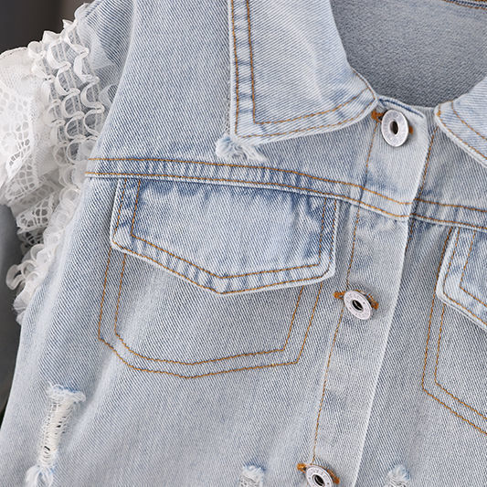 Girls' Denim Jacket With Polo Collar