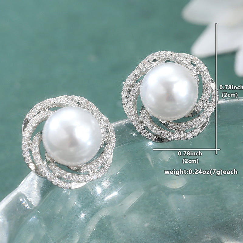 Elegant Pearl Crystal Stud Earrings Silver Tone Brass Women Wedding Party Fashion Jewelry Sparkling Statement