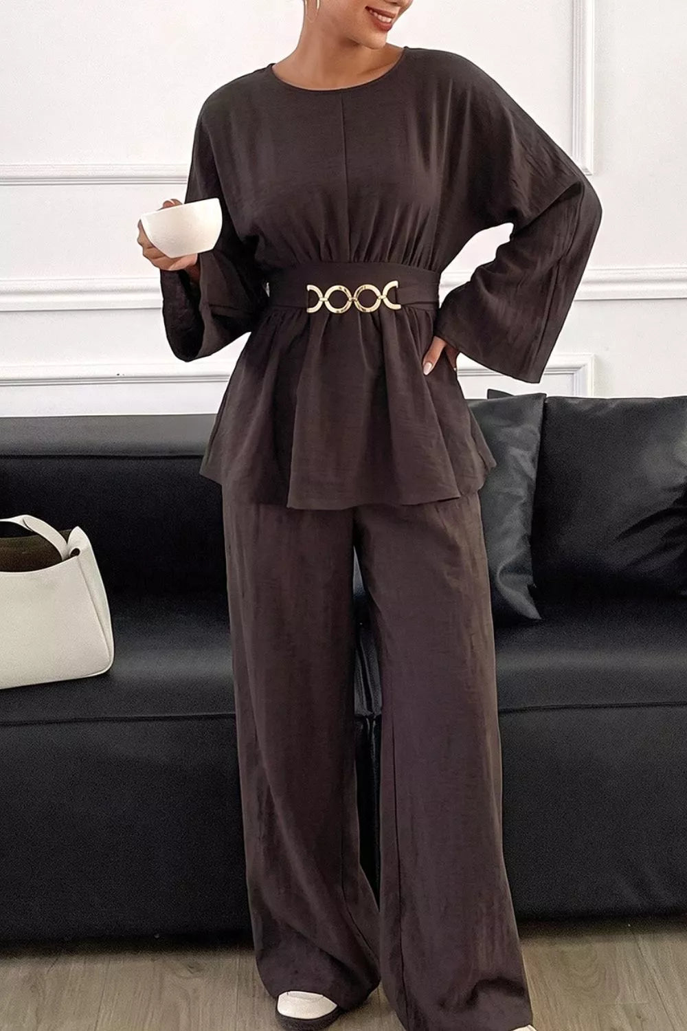 Metal Chain Waist Detail Top and Pants Set