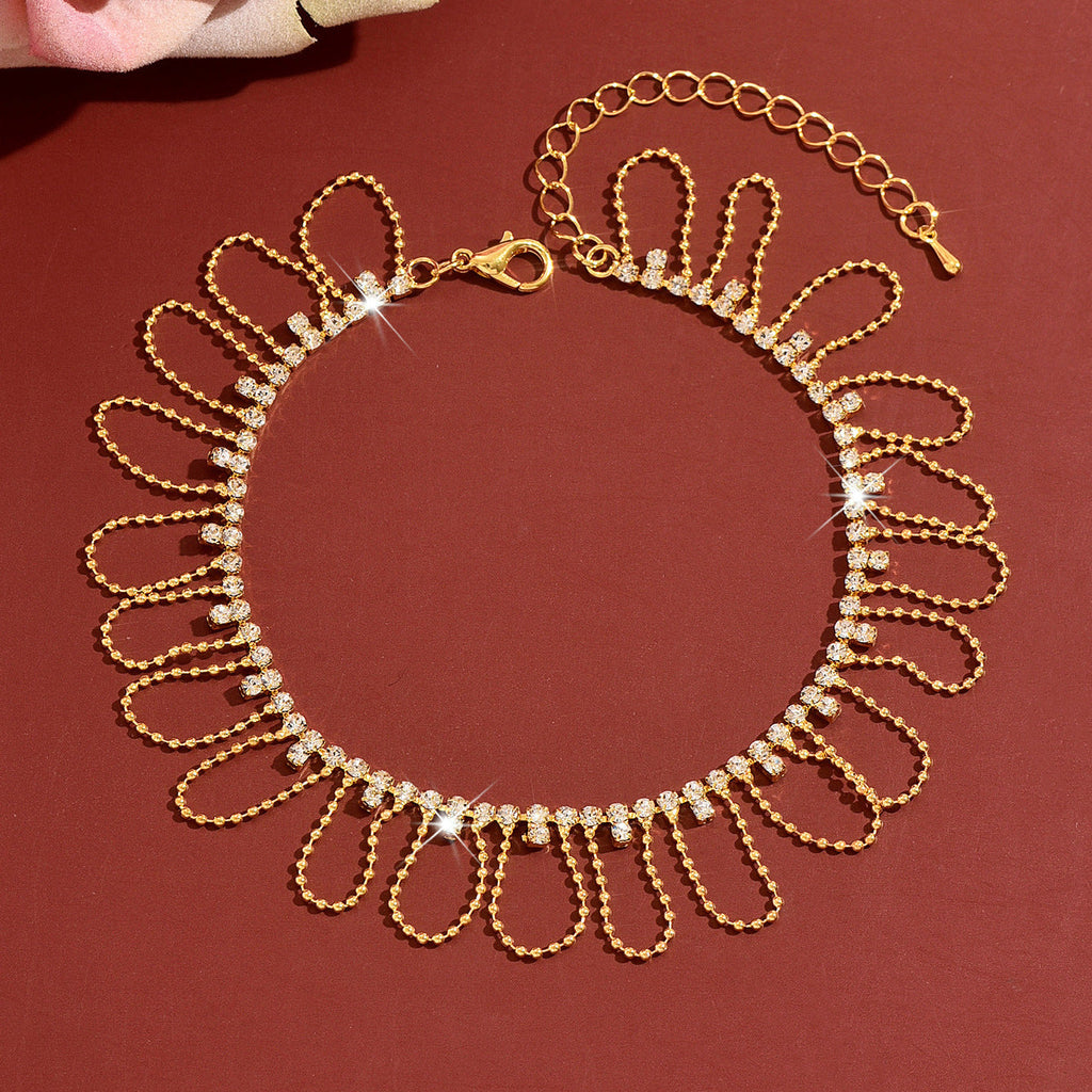 Women U-shaped Tassel Cubic Zirconia Anklet, Gold Plated Adjustable Beach Foot Jewelry