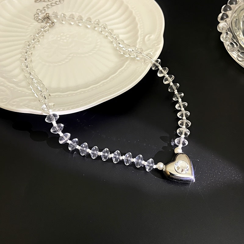 White Crystal Beaded Heart Pendant Clavicle Chain Necklace Women Neck Jewelry For Daily Dating Banquet Party Occasions