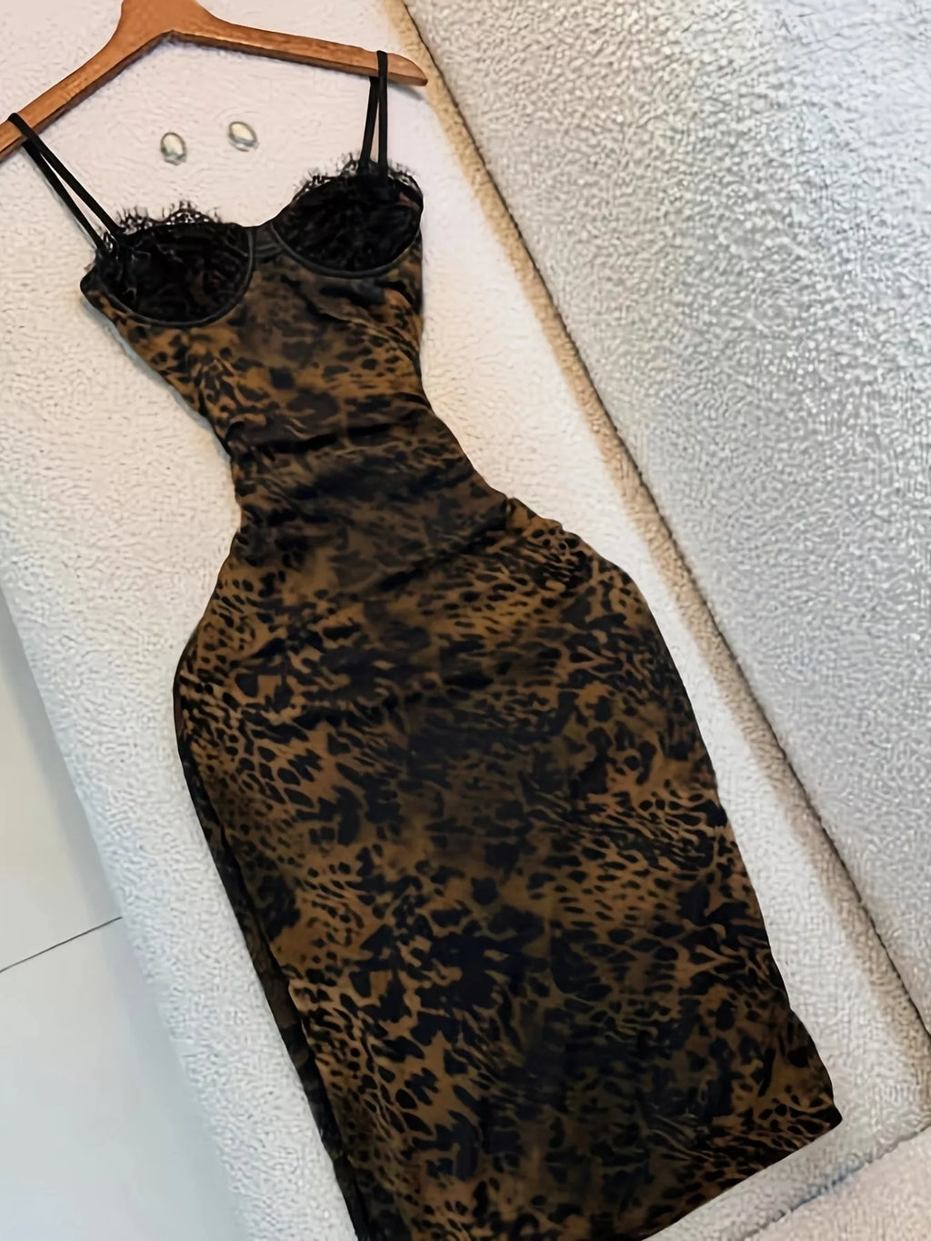 Leopard Print Lace Trim Bodycon Midi Dress