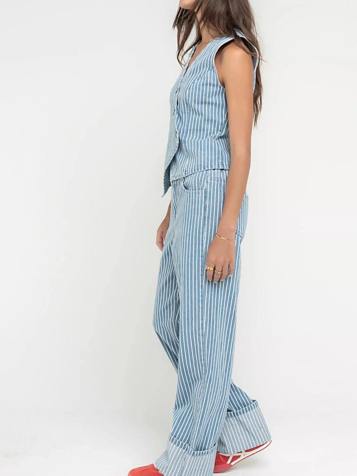 Striped Button Up Sleeveless Top and Jeans Denim Set