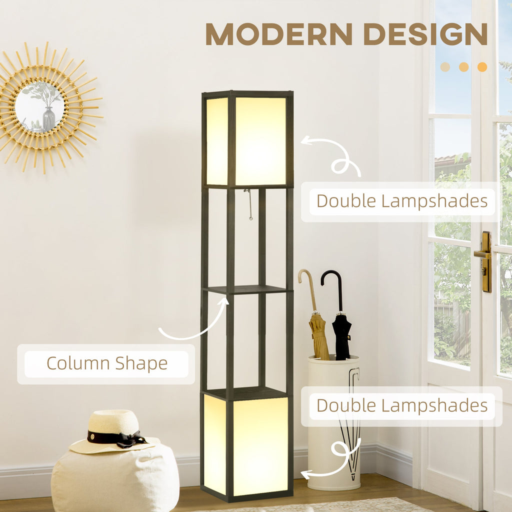 Boho Shelf Floor Lamp with Dual Fabric Shades & Built-In Storage Shelves