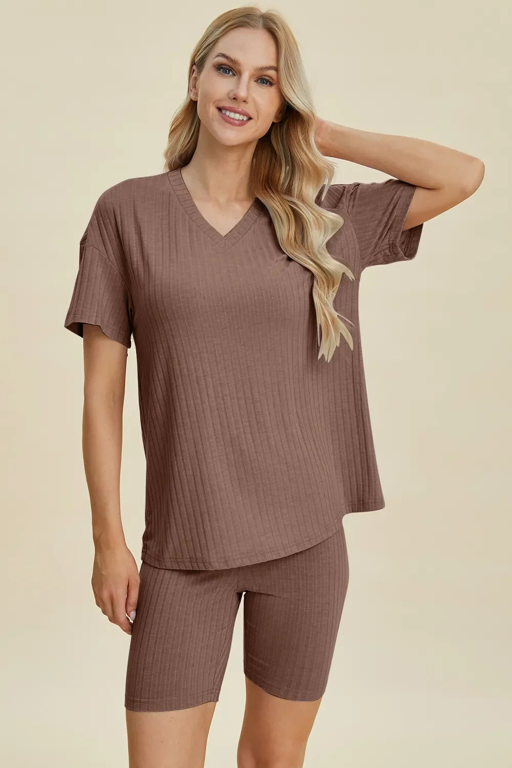 Plus Size Ribbed V-Neck Top & Shorts Set