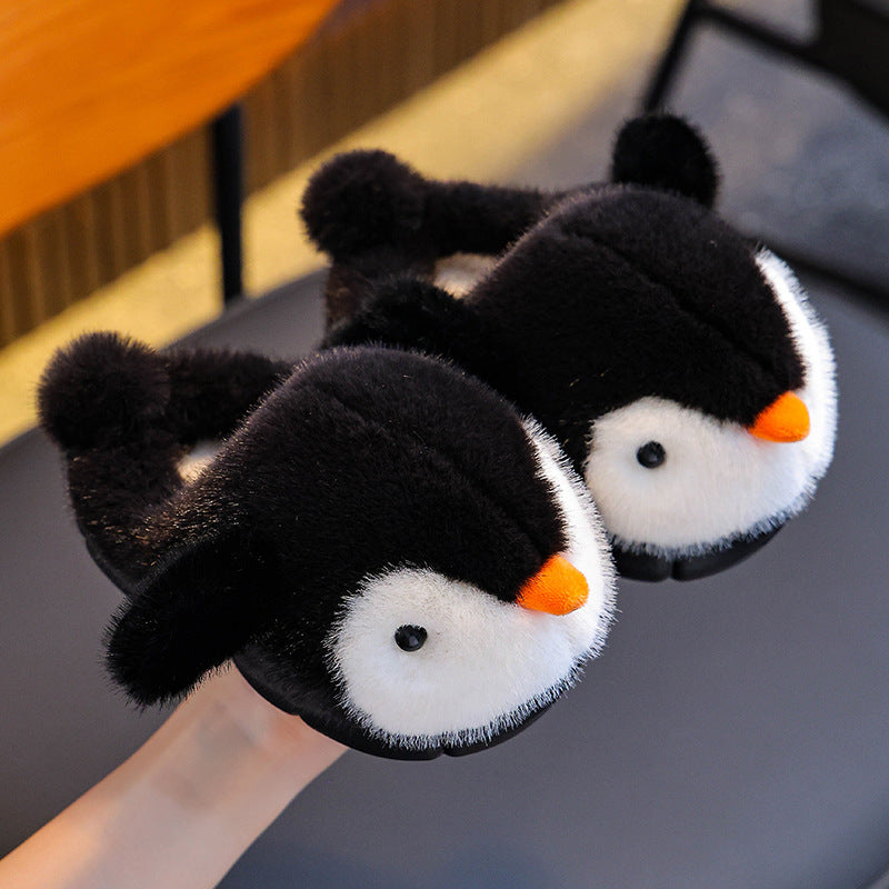 Warm Fleece-lined Fluffy Penguin Cotton Slippers For Boys And Girls
