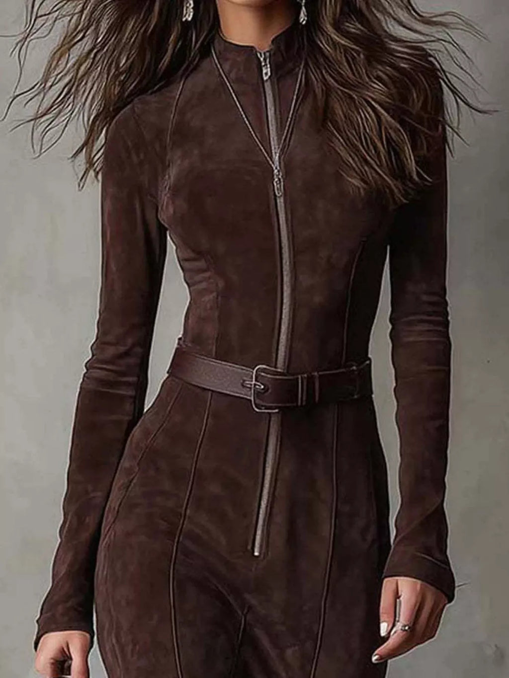 Full Size Slit Zip-Front Long Sleeve Maxi Dress with Belt Plus Size